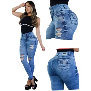 Jean's Colombianos 8208 High Waist Tummy Control Push Up Effect Skinny Jeans for Women Blue Bottoms with Heart-Shaped Design & 3 Button Compression