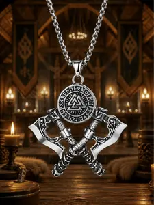 The Armored Kingdom Nordic Valknut Rune Viking Warrior Double Axe Stainless Steel Necklace