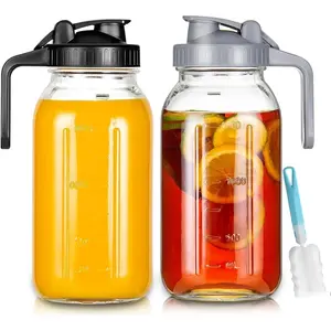 2 Pack 64 oz Glass Pitcher With Lid, Mason Jar Pitcher, Glass Sun  Jar for Ice , 2 Quart Breast Milk Jug with Flip Cap Leak Proof, Cold Brew Coffee
