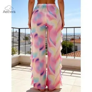 Aethera Women's Pastel Tie Dye Ruffle Flare Pants High Waist Sheer Chiffon Beach Cover Up Y2K Rainbow Swirl Wide Leg Trousers Festival Bohemian Bottom