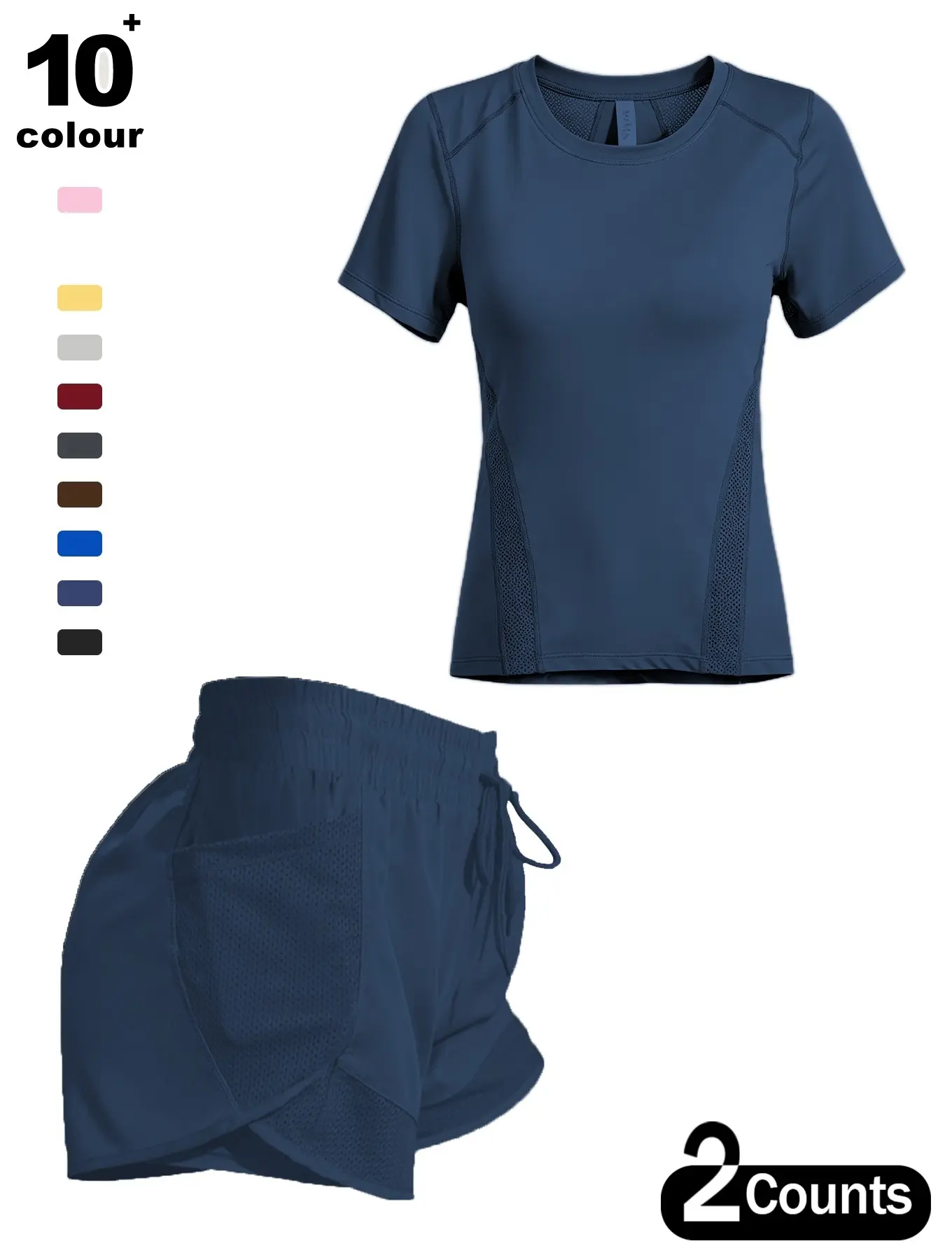 Women's 2-Piece Athletic Workout Outfits, Quick Dry Breathable Short Sleeve Top with Mesh Panel & Running Gym Shorts, Sportswear Set, Athletic Sports Clothing