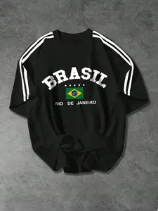 1 Piece Unisex Brazil Graphic Tee, Vintage Travel Style Featuring BRASIL Logo and Color Block Sleeves, Cool Top for Travel Enthusiasts, Street Fashion and Summer Vacation Outfits