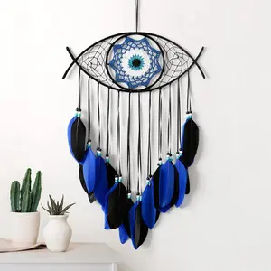 Evil Eye Dream Catcher-Blue Black Dream Catchers Handmade Feather Evil Eye Wall Hanging Ornament Home Decor for Bedroom Livingroom Yard, Blessing Craft Gift Bring Good Luck (Blue-Black)