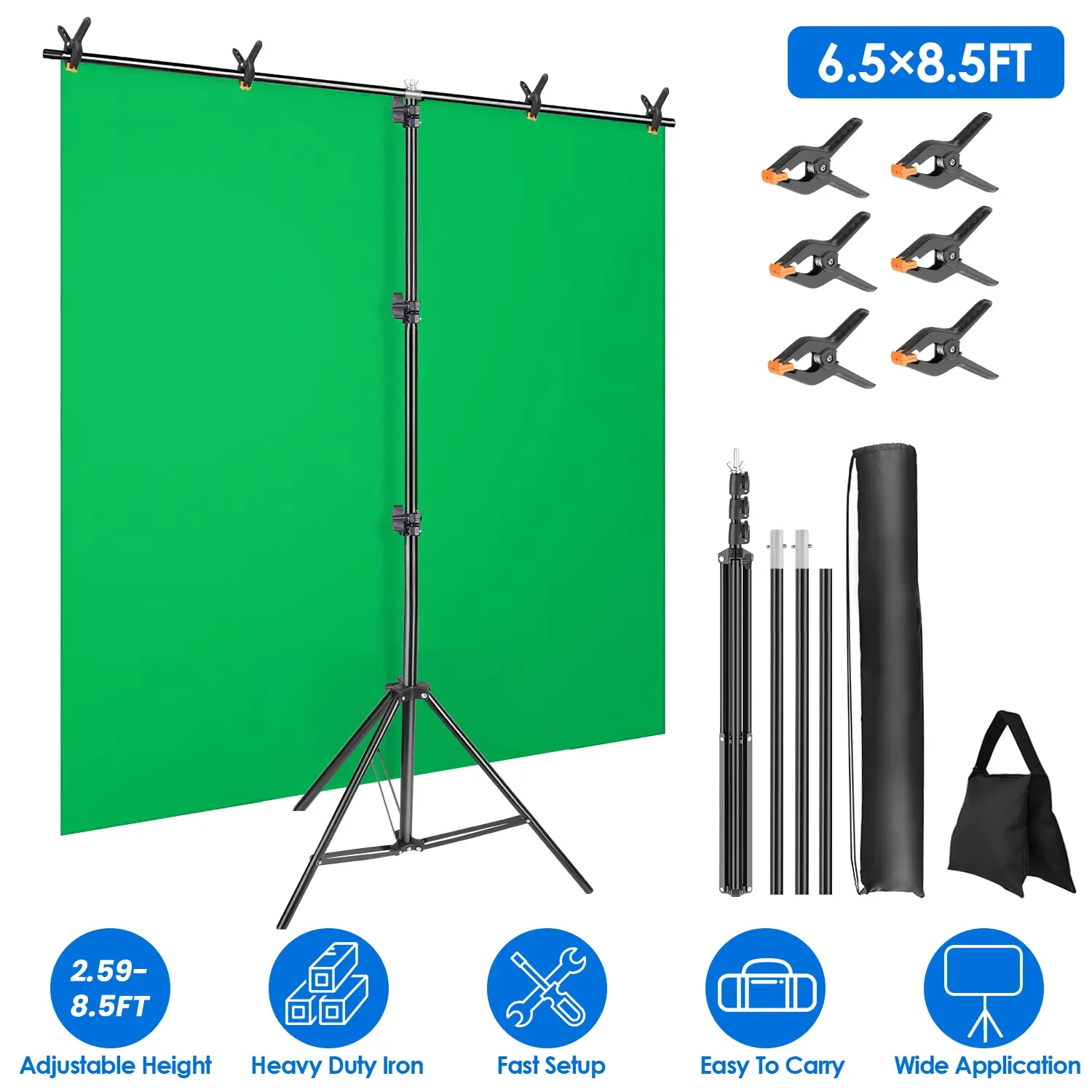 Heavy Duty Adjustable T-Shape Background Stand Kit (6.5x8.5FT), 2.59-8.5FT Adjustable Tripod Stand for Photo Video, Camera Accessories with 6 Spring Clips, Sandbag, Carry Bag, Fast Setup & Portable