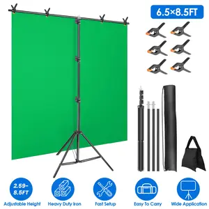 6.5x8.5FT T-Shape Photo Video Backdrop Stand Heavy Duty Adjustable Photography Backdrop Stand with 6 Spring Clamps Sandbag Carry Bag 2.59-8.5FT Adjustable Height Fast Setup Easy To Carry Wide Application
