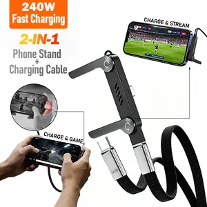 240W T-shaped Fast Charging with Foldable Phone Holder 2-in-1 Charging Cable, Zinc Alloy Braided Rope Type-C Cable, Invisible Holder Charger Cable with Stand for Charge & Stream or Game, Compatible with iPhone 15-17 Samsung S21-26