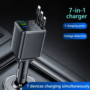 7-IN-1 Retractable Car Charger 7 Charging Ports, USB C Cable For IPhone Huawei Samsung With 3 Type C Retractable Cable,Car Plug Adapter Type C USB Phone Charger