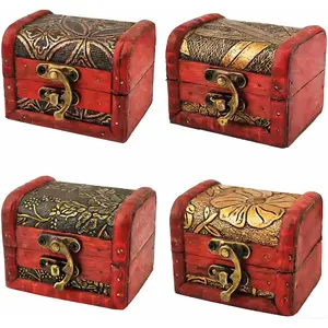 4 Styles  Wooden Rings Case Box Little Treasure Chest   Box with Mini Metal Lock for Storing  Treasure