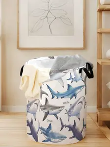 Shark Print Laundry Basket with Handle, Durable Foldable Clothes Storage Bin, Large Capacity Toy Organizer for All Seasons