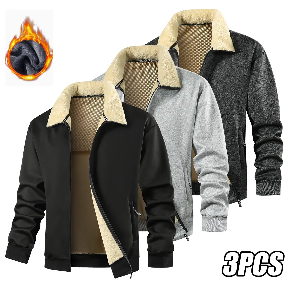 3Pcs Men's Casual Jacket, Skin-friendly, Comfortable, -lined, and Warm Full-zip Stand-up Collar Jacket with Pockets, Designed Without a Hood. A High-end Casual Jacket Suitable for Hiking, Cycling, Outdoor Activities, and Daily Commuting Wear