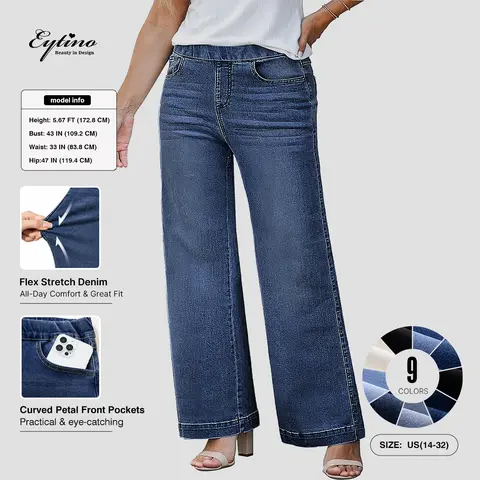 Eytino Womens Plus Size Jeans Straight Leg High Waisted Stretchy Denim Pull On Pants with Pockets(1X-5X)