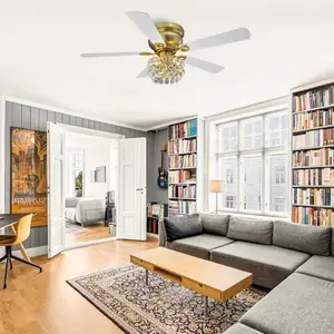 Parrot Uncle 48 Inch Soft Brass Crystal Ornament Flush Mount Ceiling Fan with Light and Remote Control