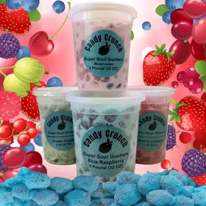 Super Sour Gushers - 2lb (32 oz) Candy Snack - Real Candy Makers - Blueberry Raspberry, Watermelon, Green Apple & Cherry Limeade (4- 8oz containers)