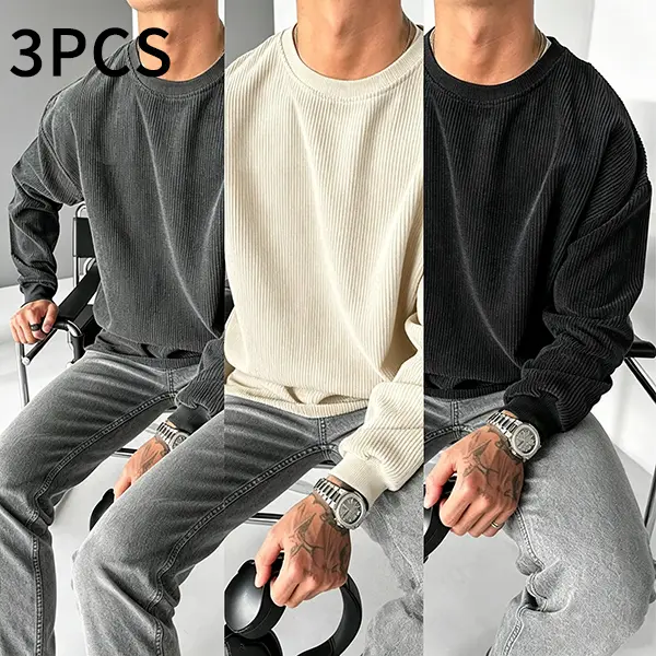 Men's Classic Solid-Color Corduroy Crew-Neck Long-Sleeve Sweatshirts, 1-Pack/3-Pack Loose-Fit Breathable Menswear Pullover Shirts for Office & Casual Wear (Autumn-Winter) crewneck
