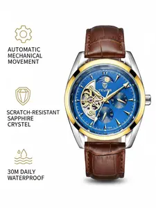 TEVISE men's automatic watch, men's hollowed-out watch with cowhide strap, hollowed-out, self-winding mechanical watch, celestial calendar wristwatch, flywheel, suitable for giving to family members, partners, and friends relojes para hombres
