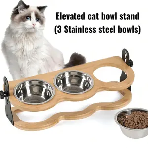 Elevated Cat food Bowl Stand with 2/3/4 Stainless Steel Bowls for Large Medium Small X-Small Cats Raised Pet Feeding Station Natural Bamboo Pet Feeder Stand Dual Bowls Adjustable Height Eco-Friendly Ergonomic Design for Small Dogs larg food drinking water