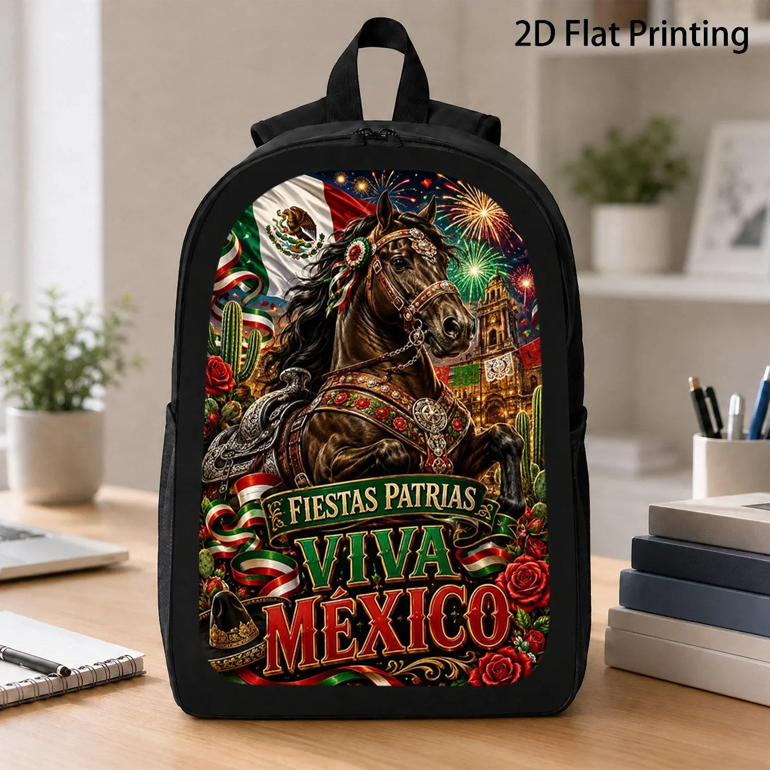 [17 Inch Backpack] 1pc Fiestas Patrias Viva Mexico Dark Horse National Flag Cactus Rose Backpack Popular Mexican National Holiday Travel Laptop Backpack For Adults