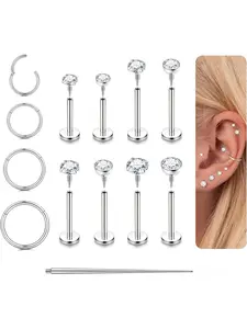 14K Gold Plated Flat Back Earrings Stud Steel Tragus Piercing Jewellery Hypoallergenic Internal Thread Labret Lip Nose Studs Hoop Cartilage Conch Helix Piercing Jewellery 16/18G Flat Pierced Earring