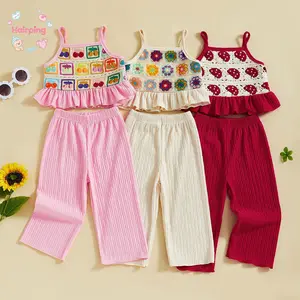 Toddler Girls 2 Piece Outfits, Crocheted Flowers/Fruit Ruffled Camisole and Elastic Pants Set, Baby Summer Clothes