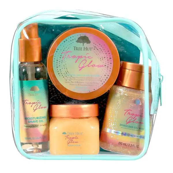 Tree Hut Tropic Glow Everything Shower Gift Set, 4 Piece Kit, Travel Size | Exfoliating Body Scrub, Body Wash, Shave Oil & Body Butter, Self Care Gift Set, Nourishing & Moisturizing with Shea Butter