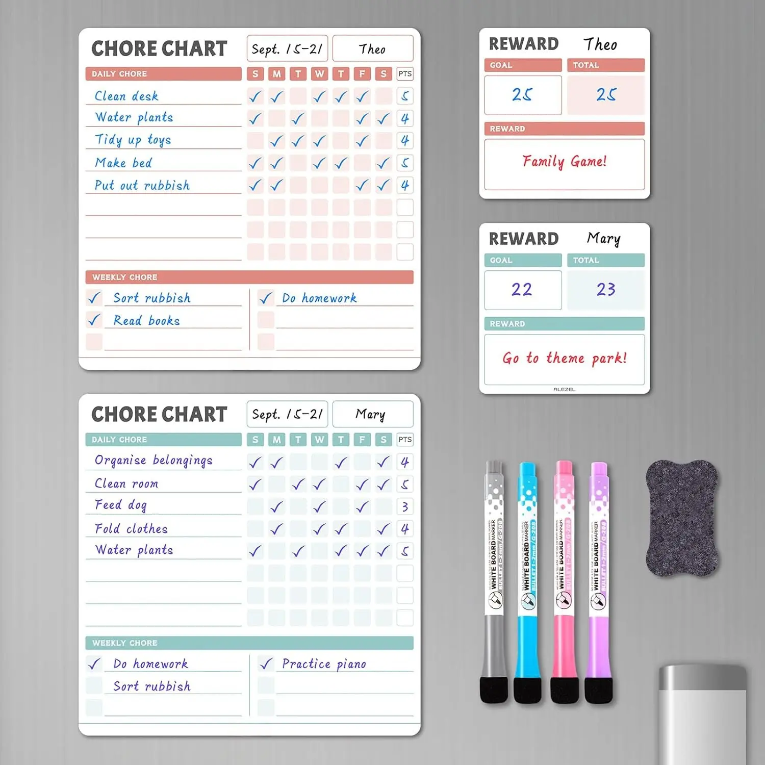 Chore Chart for  Multiple , Dry Erase Fridge Chore Board, Includes 2 Behavior Responsibility Chart Whiteboards for Refrigerator & 2  Boards, 4 Markers + Eraser, 2 Users, Daily Tasks