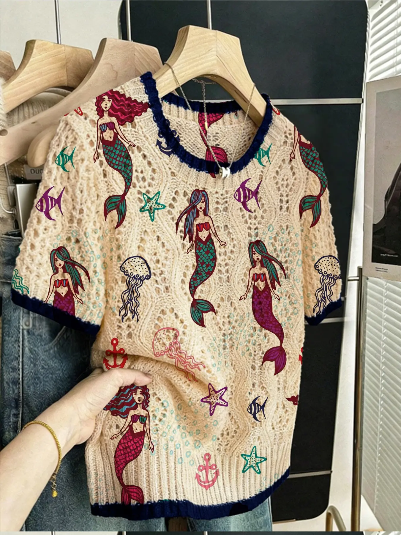 Women's Vintage Mermaid Sea Creature Print Sweater, Round Neck Short Sleeve Knit Top, Casual Breathable Hollow Design, Spring Summer Fall, Knitwear