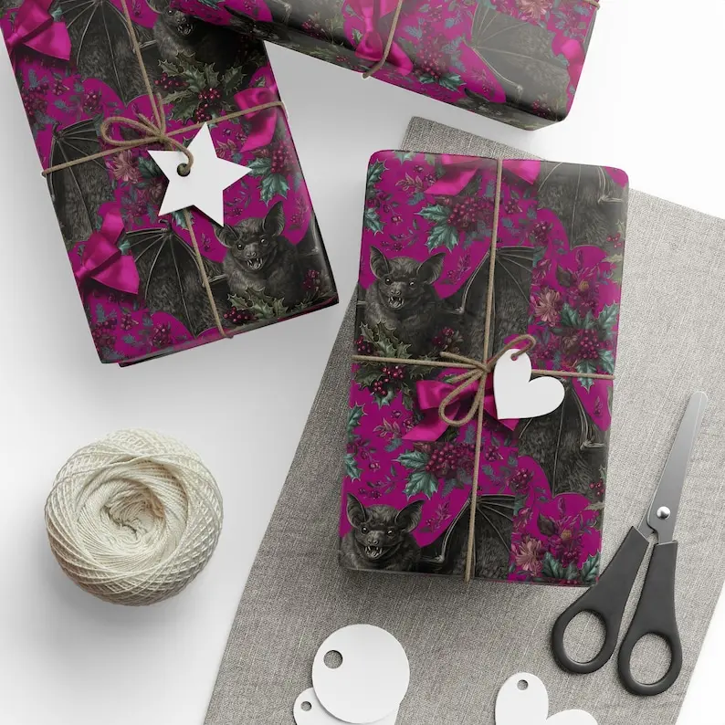 Magenta Holiday Dreams Wrapping Paper - Gothic Christmas Wrapping Paper, Black Bat Gothic Paper