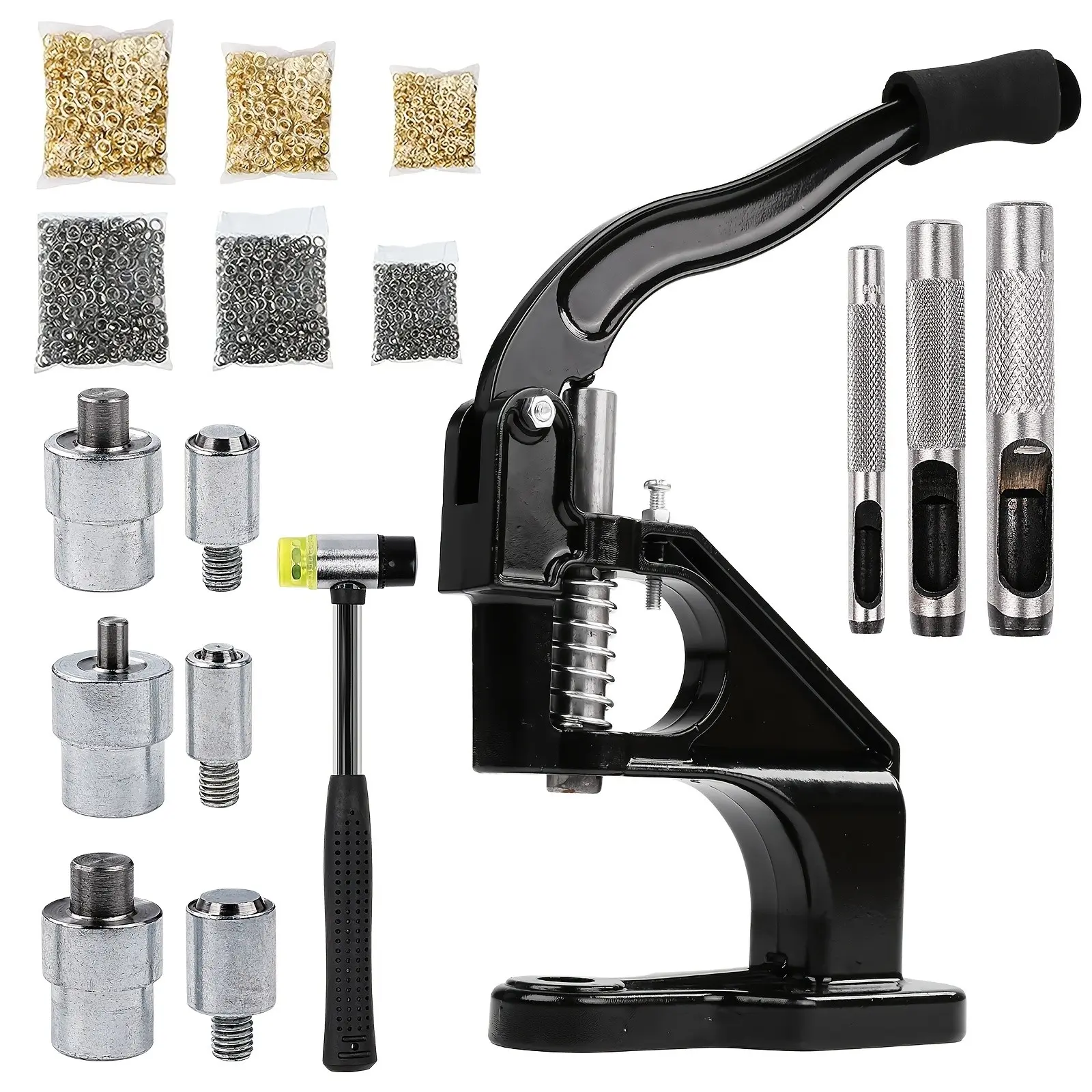 Hand Press Grommet Machine, Heavy Duty Grommet Tool Kit for Fabric, Eyelet Press Punch Tool Kit with Rubber Hammer, 3 Punching Dies (#0#2#4), 3000pcs Silver And Golden Grommets (6, 10, 12Mm)
