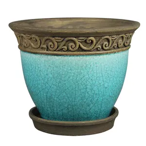 Southern Patio Cadiz 8" Diameter Crackled Ceramic Planter Pot with Saucer, Teal Southern Patio Cadiz 8" Diameter Crackled Ceramic Planter Pot with Saucer, Teal