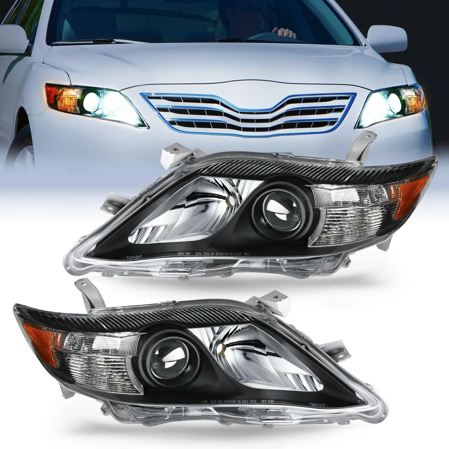 Nilight Headlight Assembly Compatible with 2010 2011 Toyota Camry Headlamps Replacement Black Housing Amber Reflector Upgraded Clear Lens Driver and Passenger Side, Auto Parts Accessories