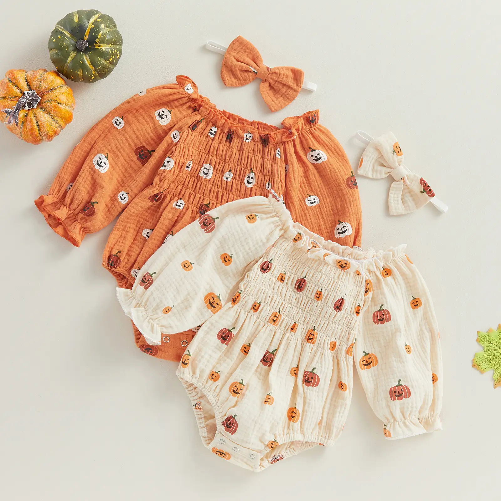 Infant Baby Girl Halloween Jumpsuit Cartoon Pumpkin Print Ruched Off Shoulder Long Sleeve Romper + Bow Headband