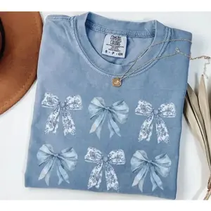 Toile Bow Shirt Blue Coquette Tshirt Cute Ribbon Tee Comfort Colors Shirt Girly Girl Aesthetic Gift for Her, Comfort Colors Graphic Tee, Casual Outfit, Vintage Wash Shirt, Comfortable Menswear & Womenswear Top, May2