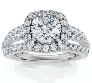F/VS 1.50Ct Multi Row Diamond Cushion Halo Engagement Ring 14k Gold Lab Grown