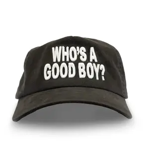 GOOD BOY RECORDS Washed Black Hat with Snap Back Adjustment and Front Embroidery "WHO'S A GOOD BOY?" and Back Embroidery "GOOD BOY RECORDS"