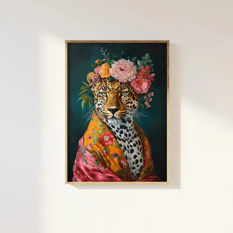 Maximalist Leopard Art Print Poster - Artistic Bold Altered Animal Portrait, Colorful Flowery Vintage Prints, 8x12in(20x30cm) Wood Frame-Style Wall Home Supplies Decor, Ideal for Kid Room, Gift for Home Enthusiasts