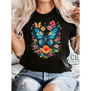 Women's Butterfly Floral Pattern Short Sleeve Crew Neck Cotton TShirt Aesthetic Butterfly and Flower Design