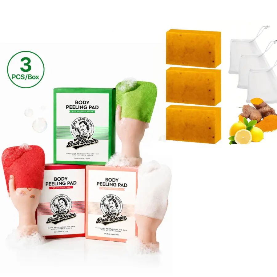 3PC/1 box Mom’s Bath Recipe /Korean Import Body Peeling Pad Trouble Care, Acne Remover Bubble Body Wash Scrub Glove, Exfoliating Mitt for Dead Skin Cells & Body Breakouts,comfortable skin care,kojic turmeric face soap set