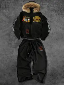 Men's Fall Winter Trendy Vintage Pattern Design, Letter Smiley Print Drawstring Hoodie Soft Fur Collar Zipper Jacket + Loose Wide Leg Pants