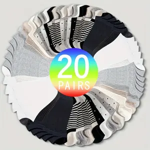 20pcs Women's Breathable No-Show Socks - Casual, Comfortable Solid Colors with Striped & Polka Dot Designs Womenswear Bridal