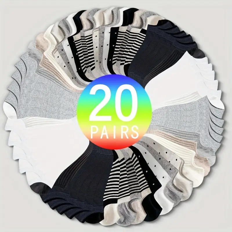 Women's No-Show Socks (20pcs) - Adults, Bridal-Ready Liner, Casual Daily Use, Soft Breathable, Short Length, Solid Stripes & Polka Dot Designs, Low Cut Keeps Outfits Sleek and Neat, Sohochic Womenswear Underwear Socks