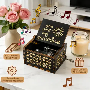 1Pack Hand-cranked Wooden Eight-Note Box - Vintage Laser Carved Small Music Box with 'You are My Sunshine' Letter, Birthday/Anniversary/Wedding/Valentine's Day Gift, Family Room Desk Office Desktop Decoration