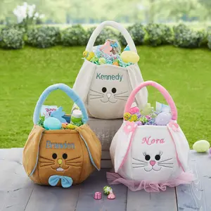 Personalized Easter Bunny Basket – Custom Name Plush Bunny Easter Basket – Embroidered Kids Egg Hunt Bag – Baby's First Easter Bunny Gifts