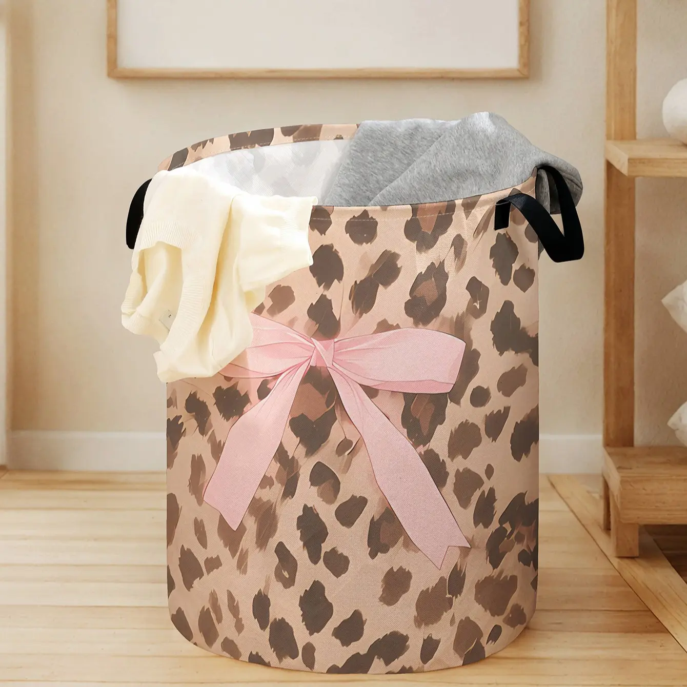Leopard Print Laundry Basket with Bow Pattern and Handle, Durable Foldable Large Capacity Hamper for Home and Toys Laundry Organizers and Storage, Laundry Basket Organizer, Laundry Hampers