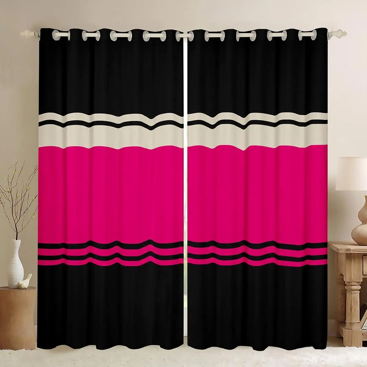Feelyou 2-Pack Velvet Grommet Curtains (42w x 84l) - Hot Pink-Black Striped Geometric Ombre Farmhouse Style Home Drapes, Renter Friendly Rustic Window Treatments, Machine Washable No Bleach for Bedroom, Living Room, Velvet Fabric Multi-Size Option, Do Not