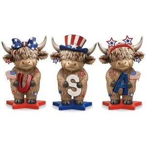 4th of July Highland Cow Figures Gift 3D Highland Cow Statue Holiday Seasonal Decoration Scottish Cow Ornaments Independence Day Gift for Women Men CowBoy Farmer Cattle Lovers, Summer Holiday Party Gift, Bathroom Decor