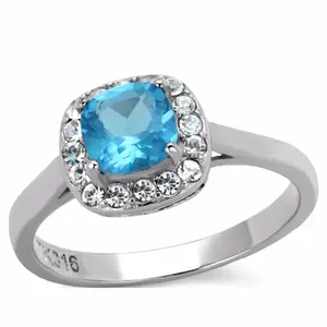 Women's 6x6mm Cushion Cut Sea Blue CZ Center Stainless Steel Cocktail Ring