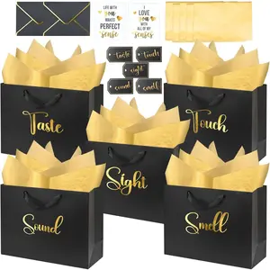 13'' Large 5 Senses Gift Bags for Him Her with Labels Envelopes and Cards, Gold Foil Sight Smell Touch Taste Sound Gift Bags with Tissue Handle for Birthday, Anniversary, Mother's Day, Valentine's Day