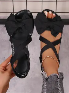 Women's Summer Breathable Flat Shoes, Large Bowknot Sandals, Comfortable Boho Style, PU Material, Perfect for Vacation & Photography