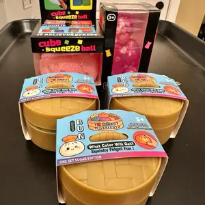 5-Piece Stress Relief Fidget Bundle - Anxiety Relief Products with 3 Mystery Mini Dumplings, 1 Pink Gummy Bear, 1 Soft Silicone Pink Fuzz Squeeze Ball for Decompression Squeeze & Tactile Variety