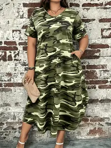 Plus Size Camouflage Print Maxi Dress, Short Sleeve, V Neck, Loose Fit, Curvy Casual Wear, Tummy Hiding, Summer, Pockets